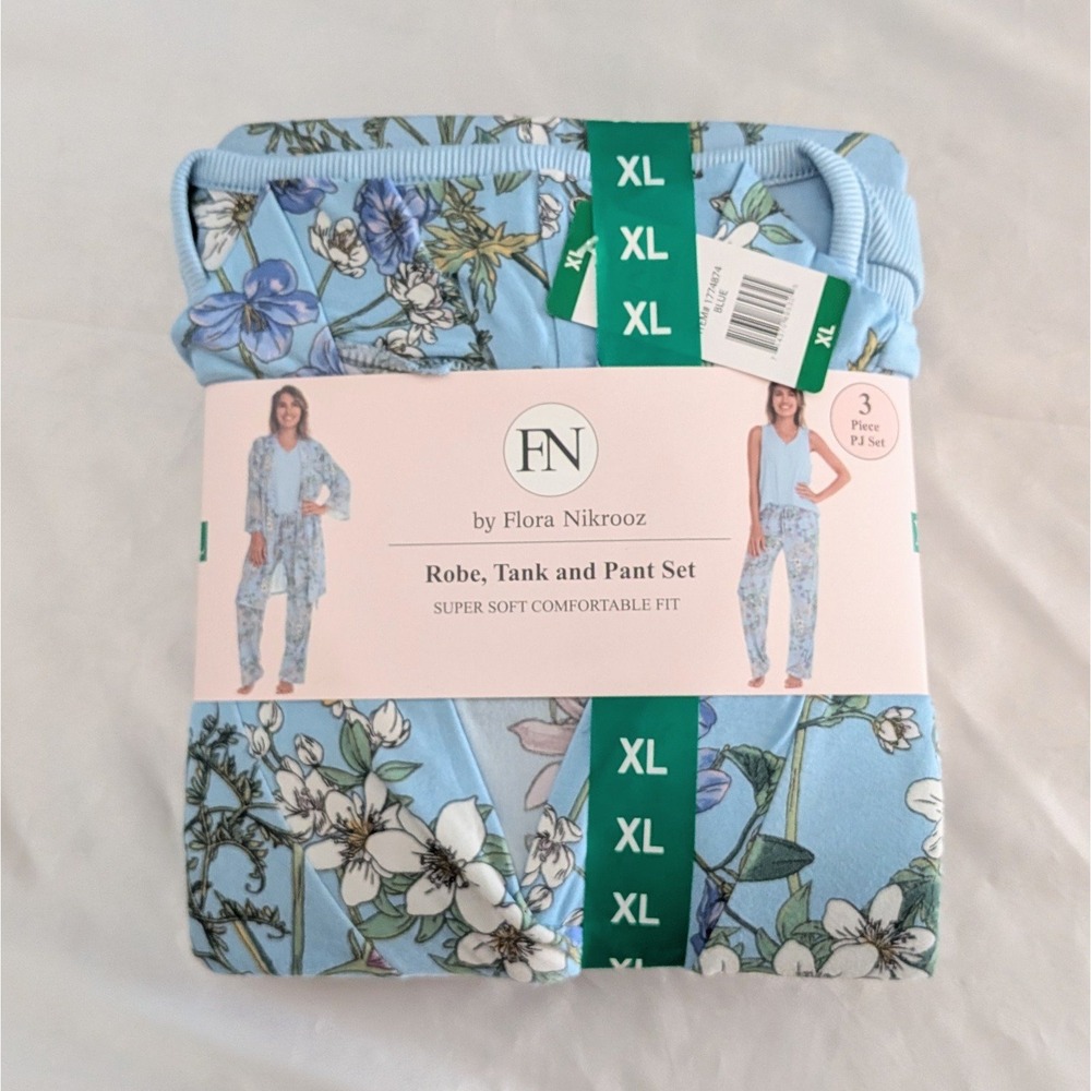 New Flora Nikrooz Women's 3-piece Pajama Robe Set Blue Floral XL (14-16)